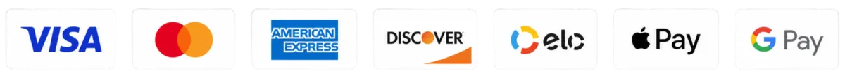 Accepted payment methods: Visa, Mastercard, American Express, Discover, Elo, Apple Pay, and Google Pay